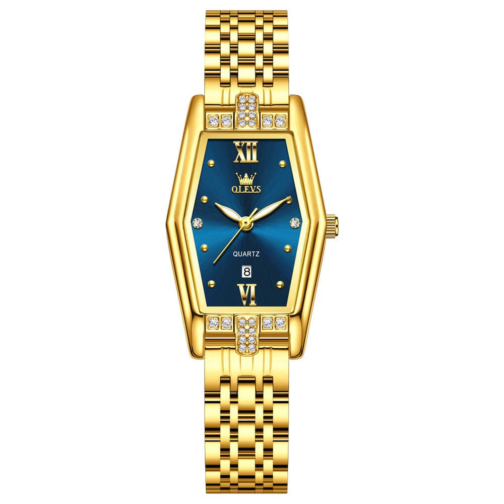 OLEVS 3699 Tonneau Geometric Crystal Womens Dress Watch - Gold Black Watch | Olevs Watch Store