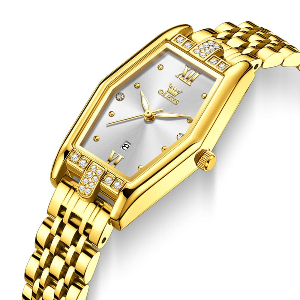 OLEVS 3699 Tonneau Geometric Crystal Womens Dress Watch - Gold White Watch | Olevs Watch Store