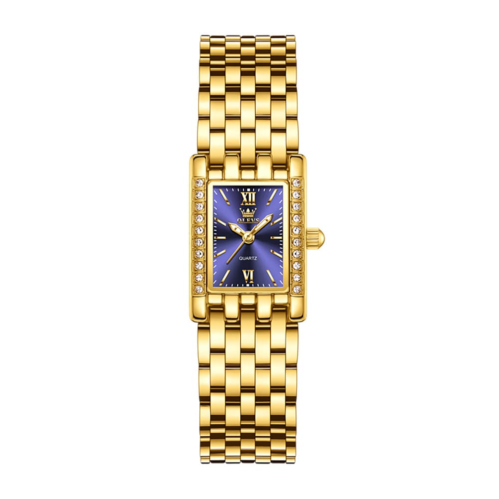 OLEVS 3700 Petite Rectangle Crystal Womens Watch Stainless Steel - Gold Green Watch | Olevs Watch Store