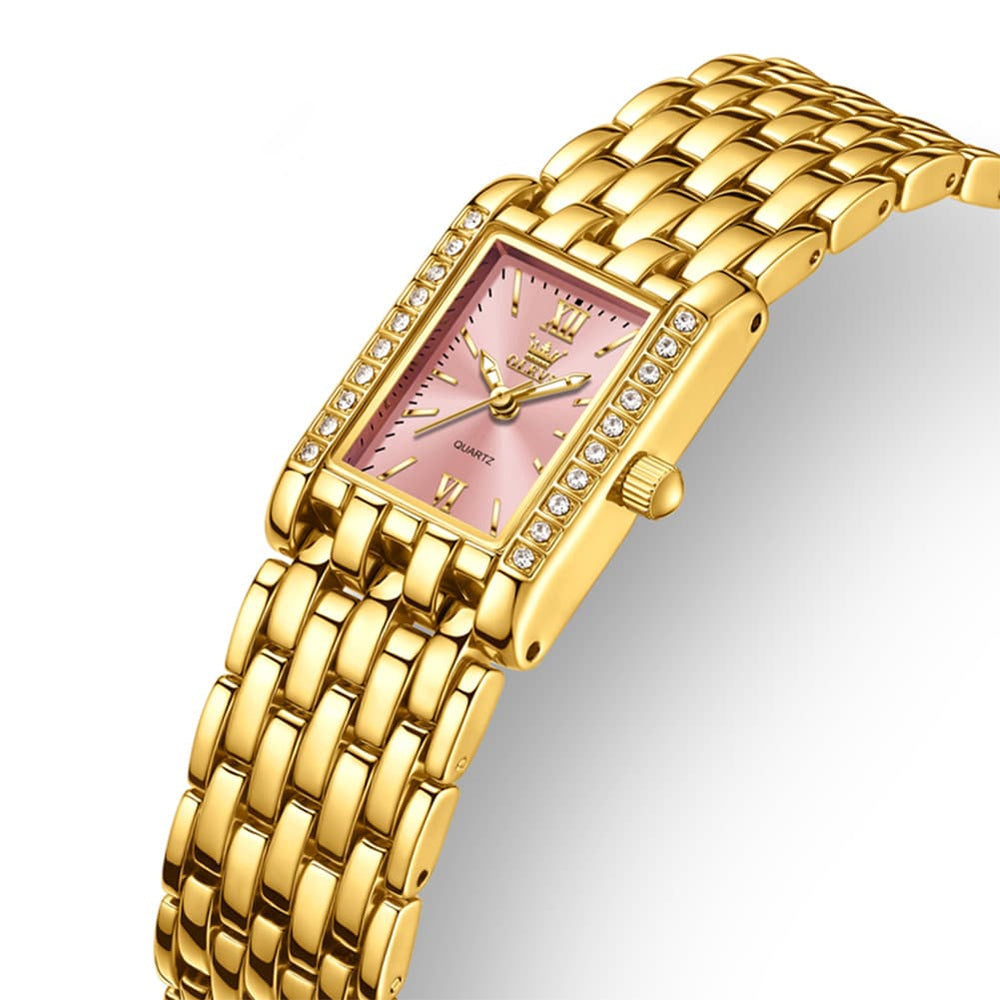 OLEVS 3700 Petite Rectangle Crystal Womens Watch Stainless Steel - Gold Pink Watch | Olevs Watch Store