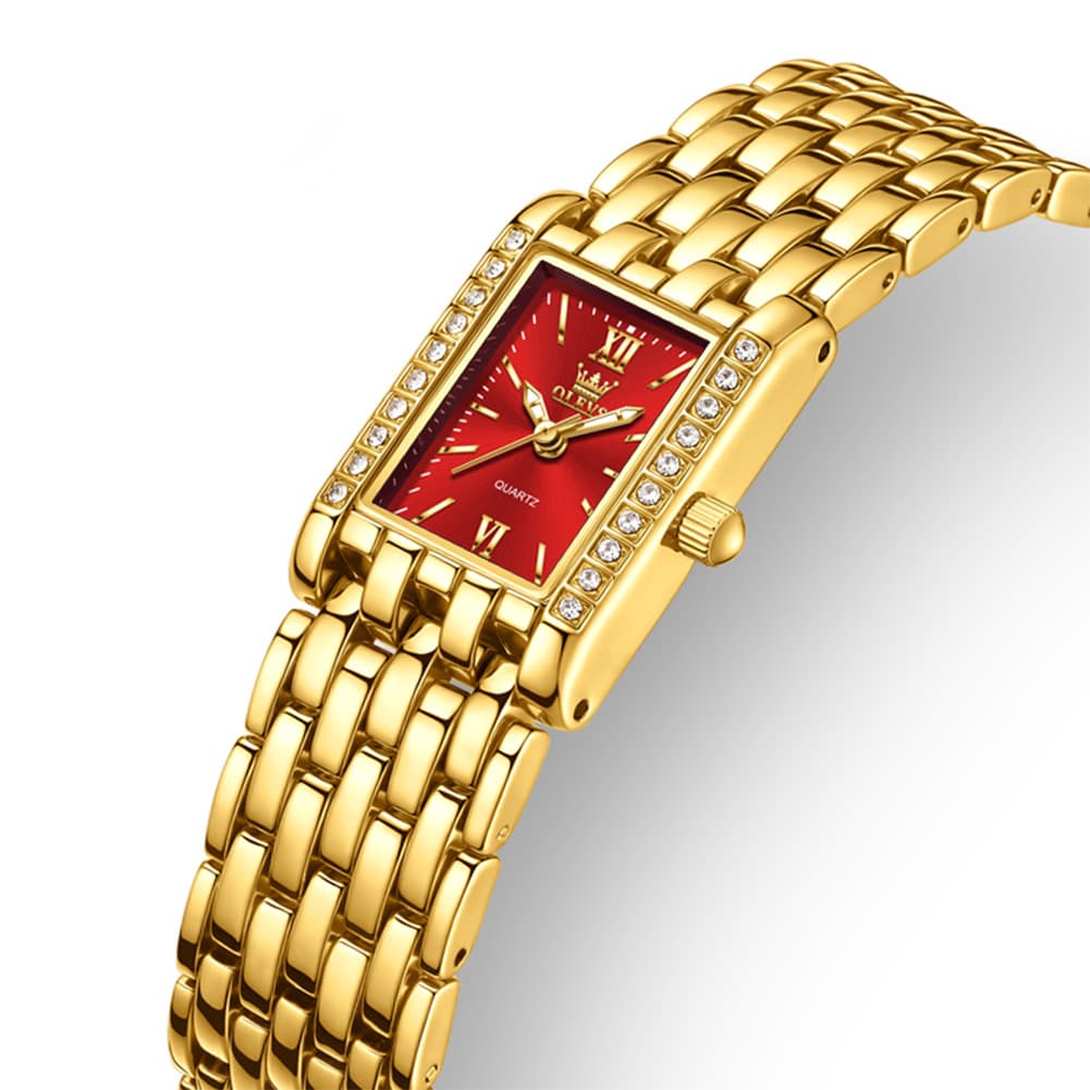OLEVS 3700 Petite Rectangle Crystal Womens Watch Stainless Steel - Gold Red Watch | Olevs Watch Store