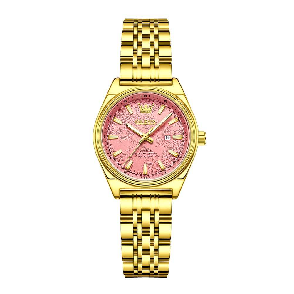 OLEVS 3703 Elegant Textured Dial Stainless Steel Womens Watch - Gold Pink Watch | Olevs Watch Store