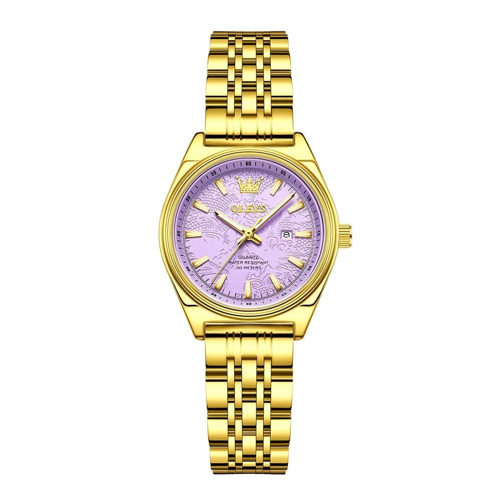 OLEVS 3703 Elegant Textured Dial Stainless Steel Womens Watch - Gold Purple Watch | Olevs Watch Store