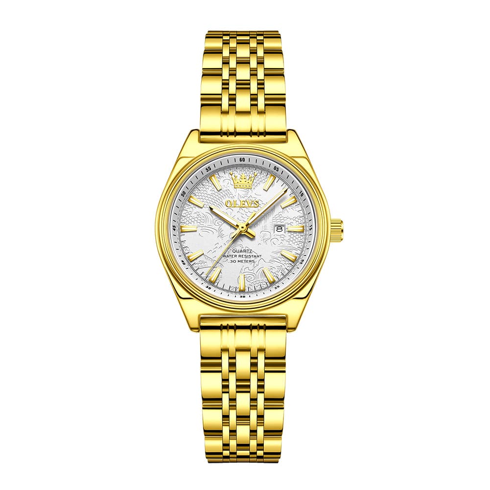 OLEVS 3703 Elegant Textured Dial Stainless Steel Womens Watch - Gold White Watch | Olevs Watch Store