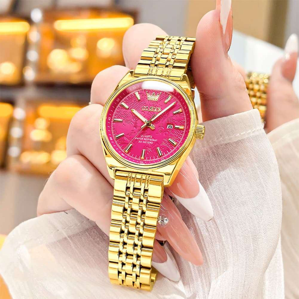 OLEVS 3703 Elegant Textured Dial Stainless Steel Womens Watch