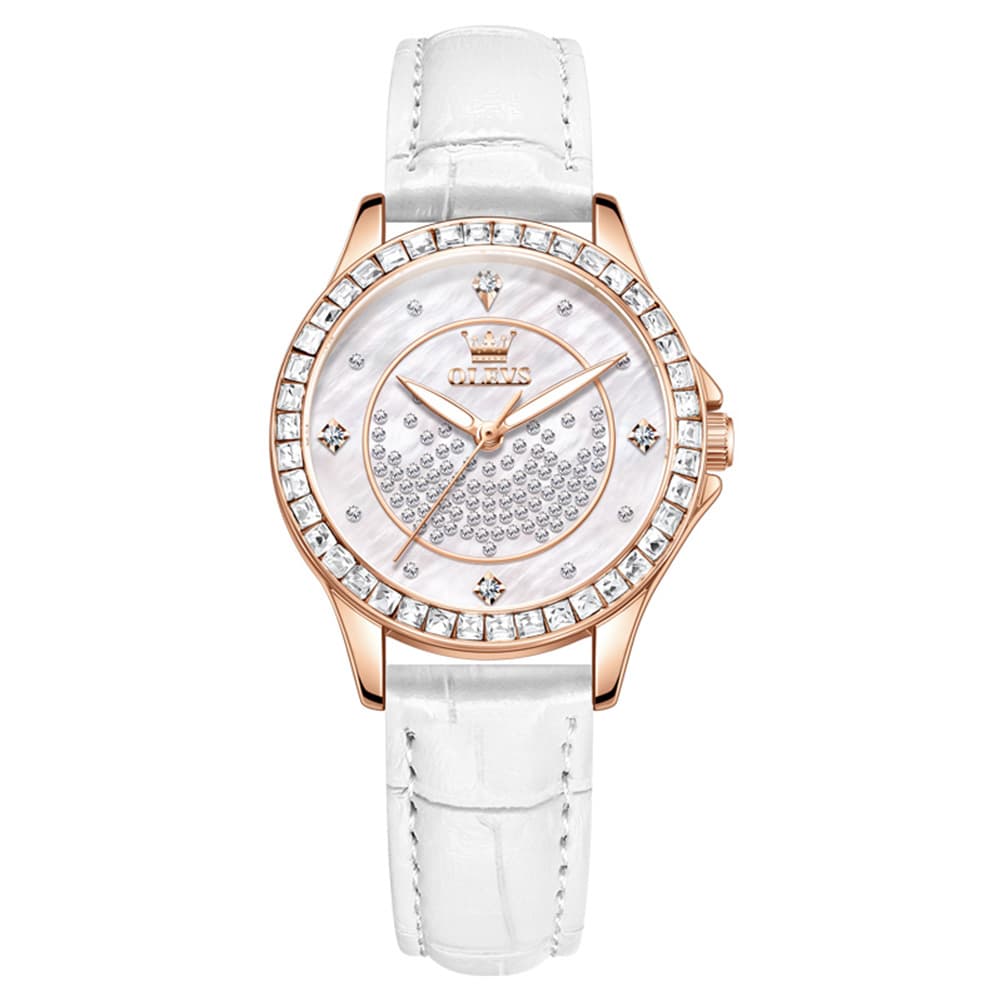 OLEVS 3715 Diamond Mother of Pearl Leather Watch for Women - Silver White Watch | Olevs Watch Store