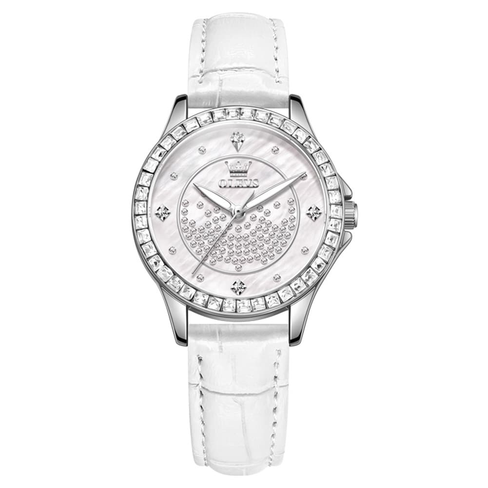 OLEVS 3715 Diamond Mother of Pearl Leather Watch for Women - Silver White Watch | Olevs Watch Store