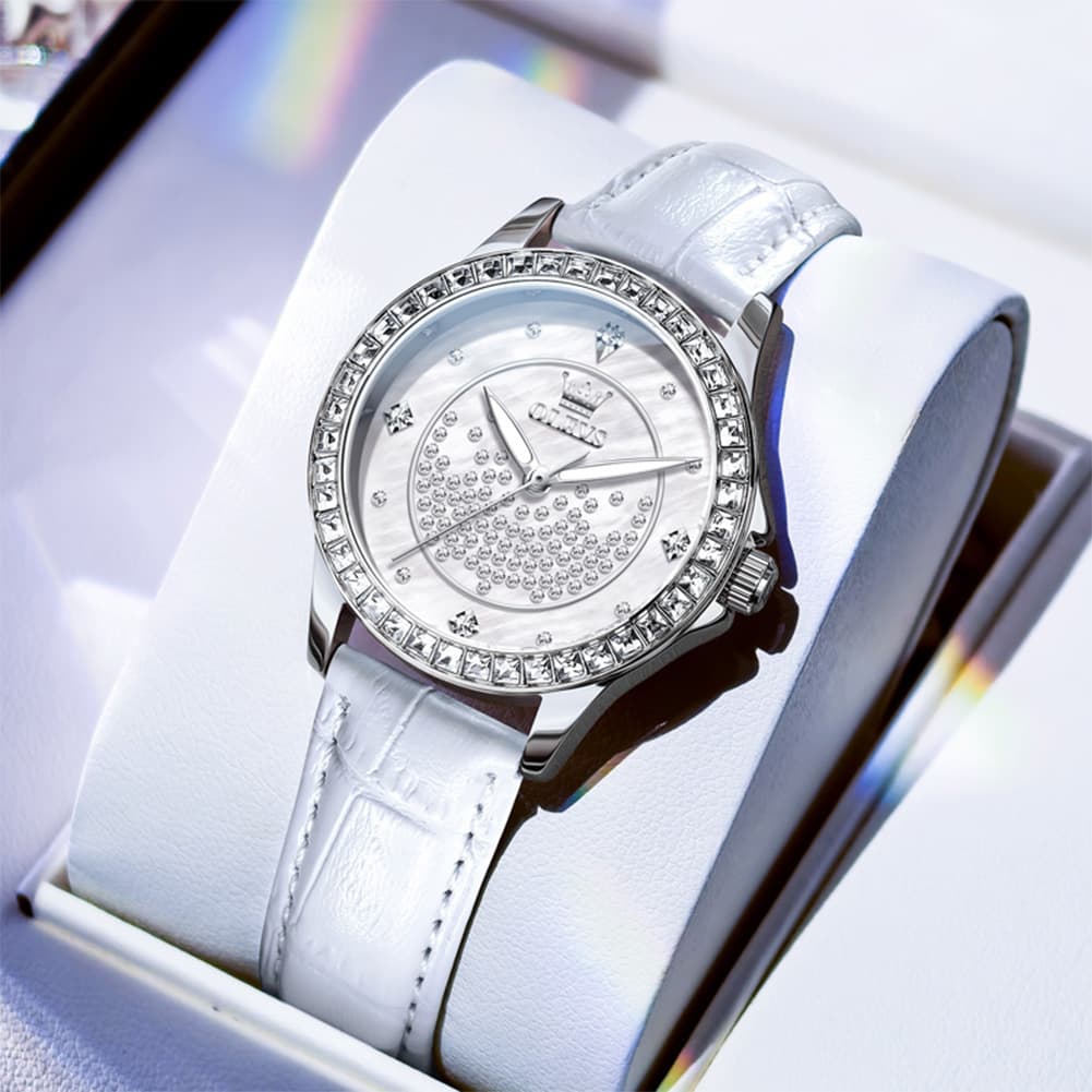 OLEVS 3715 Diamond Mother of Pearl Leather Watch for Women - Silver White Watch | Olevs Watch Store