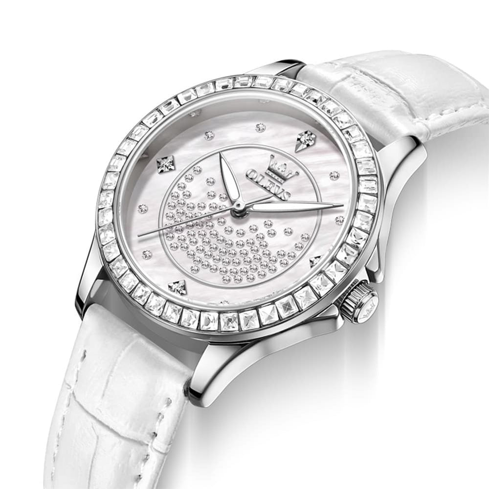 OLEVS 3715 Diamond Mother of Pearl Leather Watch for Women - Silver White Watch | Olevs Watch Store