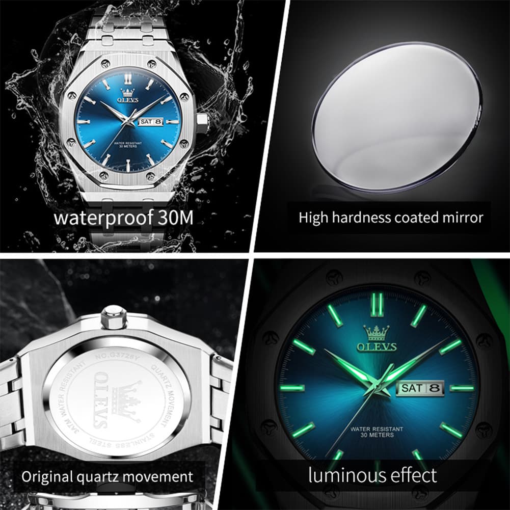 OLEVS 3726 Octagonal Luminous Quartz Watch for Men - Silver Grey Watch | Olevs Watch Store