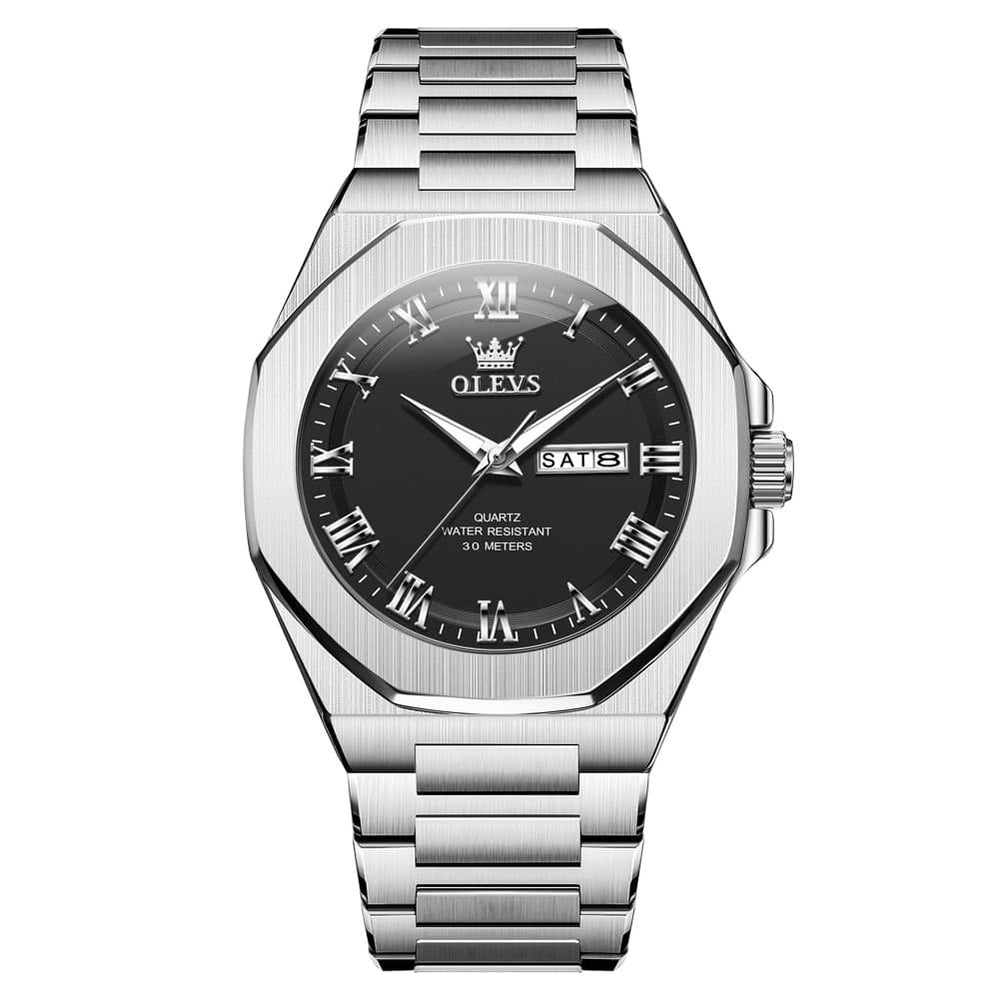 OLEVS 3727 Geometric Luminous Quartz Watch for Men - Silver Black Watch | Olevs Watch Store