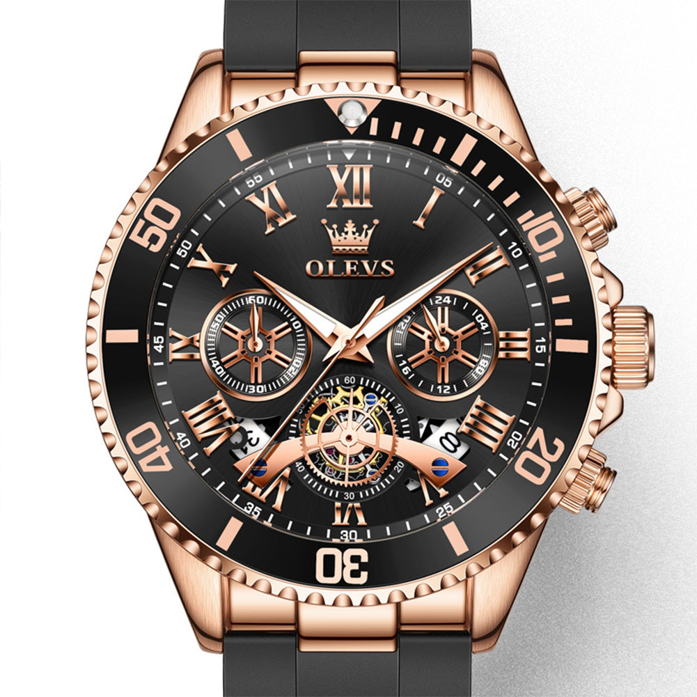 OLEVS 3730 Rose Gold Black chronograph dial close-up