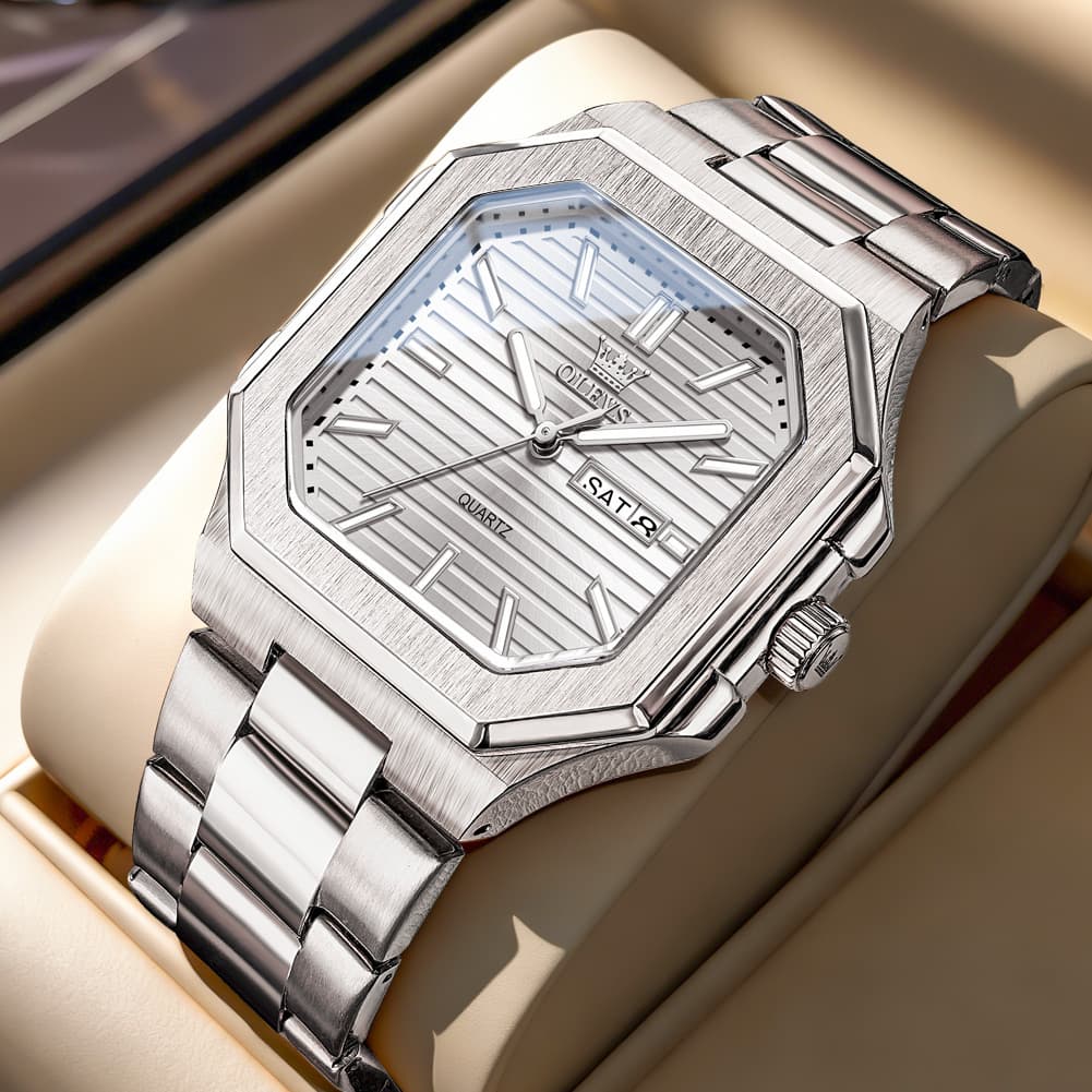 OLEVS 3731 Square Ribbed Dial Luminous Quartz Watch for Men - Silver Blue Watch | Olevs Watch Store