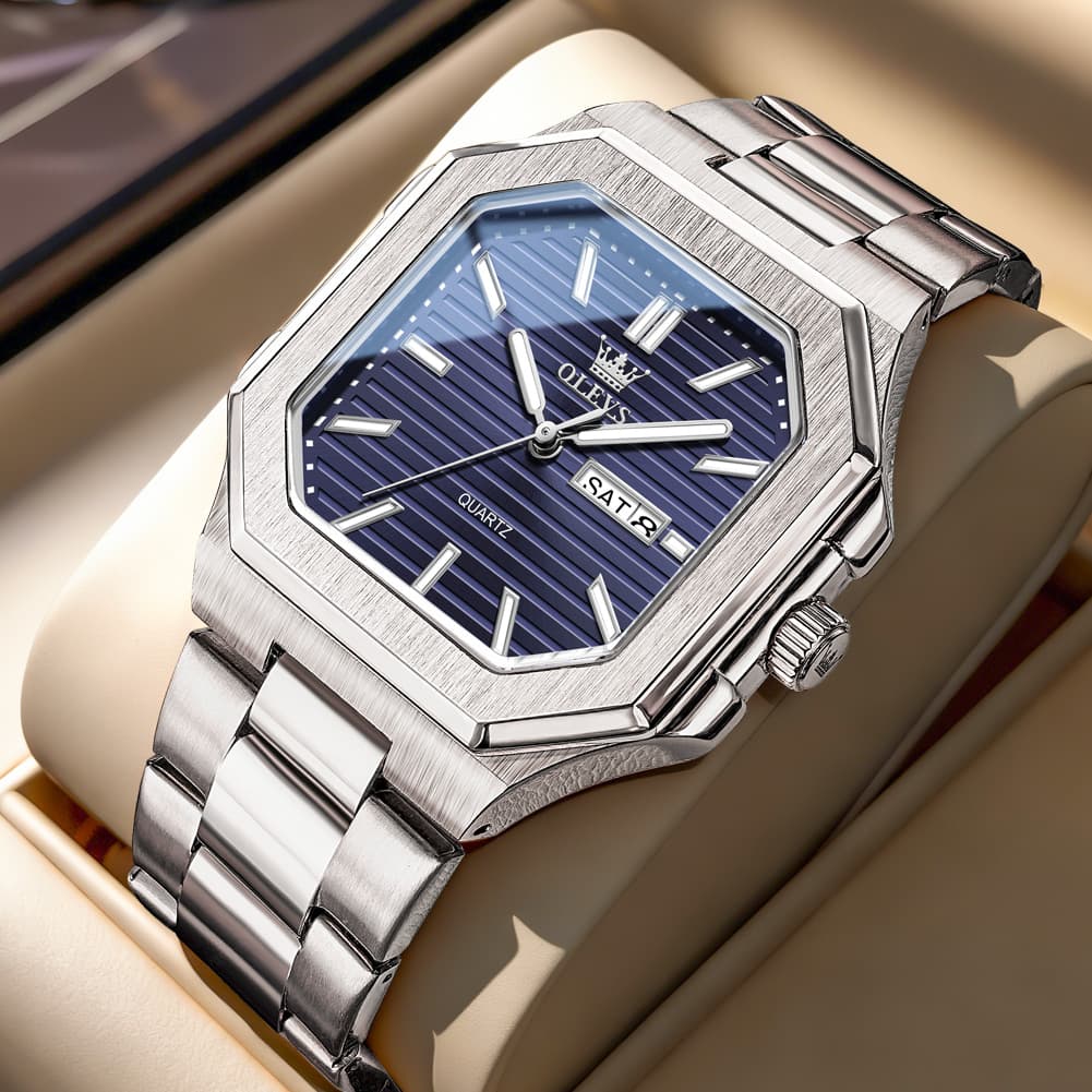 OLEVS 3731 Square Ribbed Dial Luminous Quartz Watch for Men - Silver Blue Watch | Olevs Watch Store