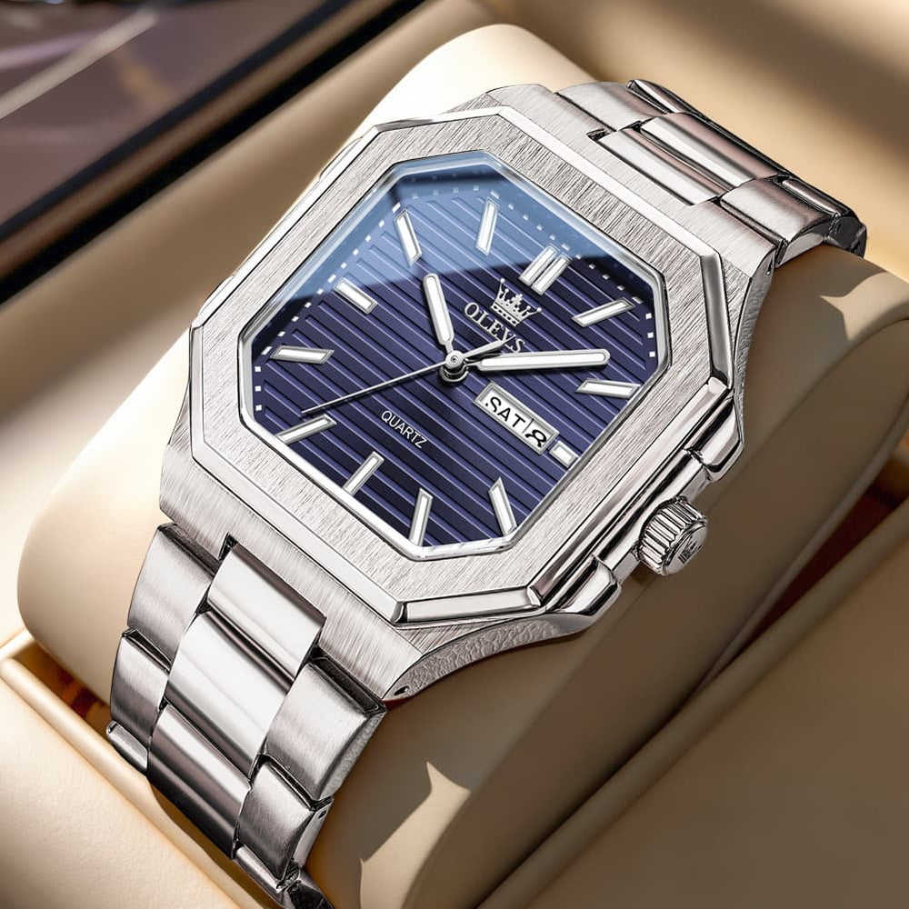 OLEVS 3731 Square Ribbed Dial Luminous Quartz Watch for Men - Silver Blue Watch | Olevs Watch Store