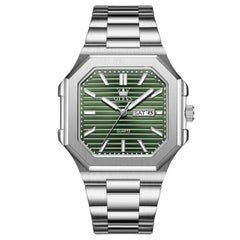 OLEVS 3731 Square Ribbed Dial Luminous Quartz Watch for Men - Silver Green Watch | Olevs Watch Store