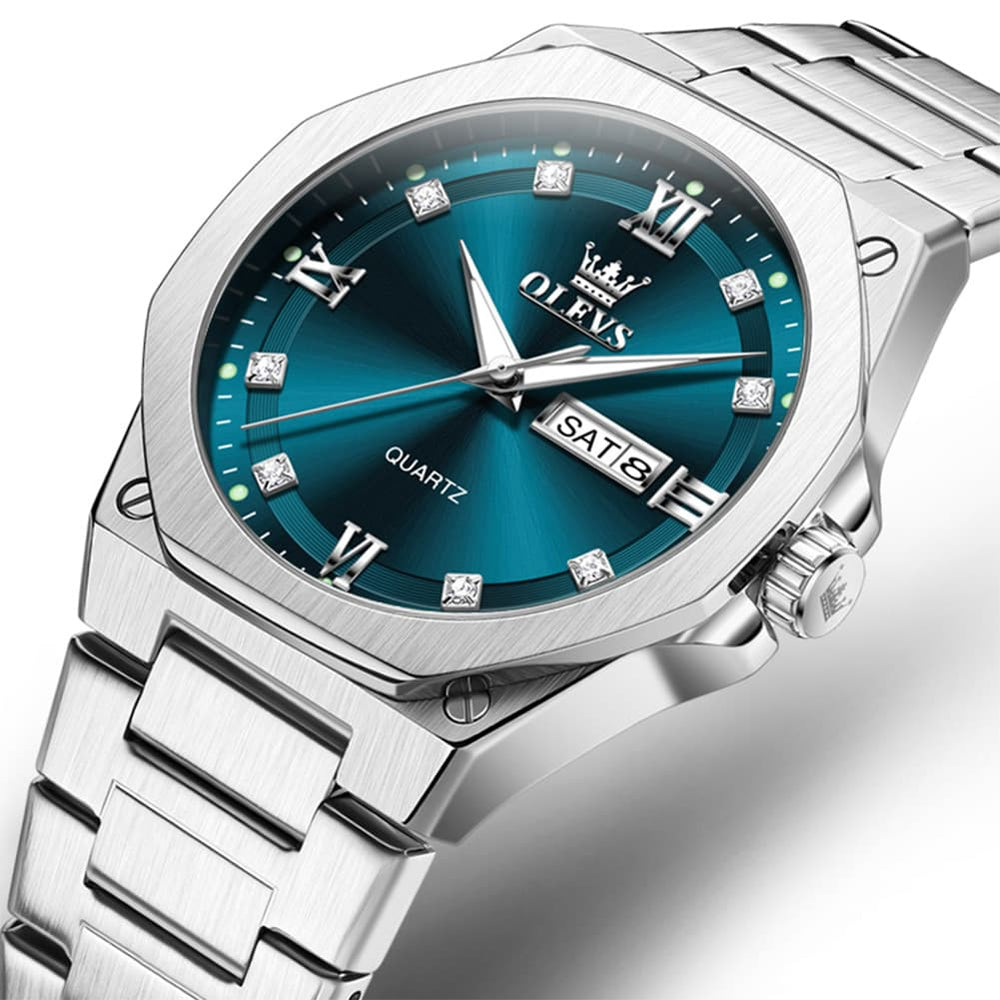 OLEVS 3736 Polygonal Diamond Quartz Watch for Men - Silver Blue Watch | Olevs Watch Store