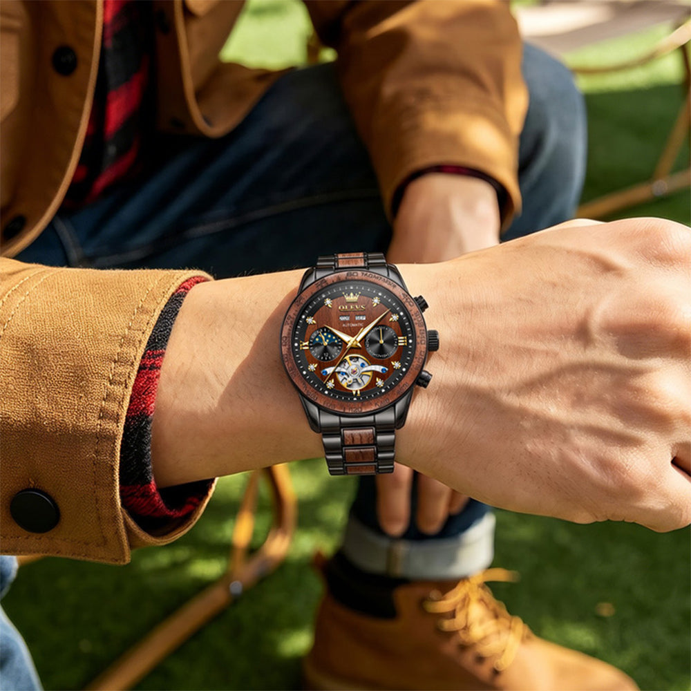 OLEVS 3751 Brazilian Rosewood watch on wrist