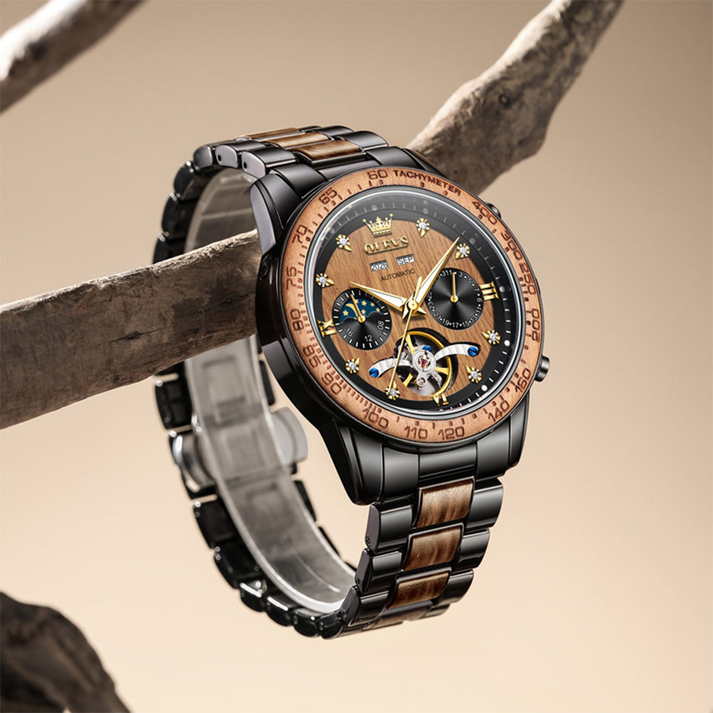 OLEVS 3751 Cherry Wood automatic watch natural setting