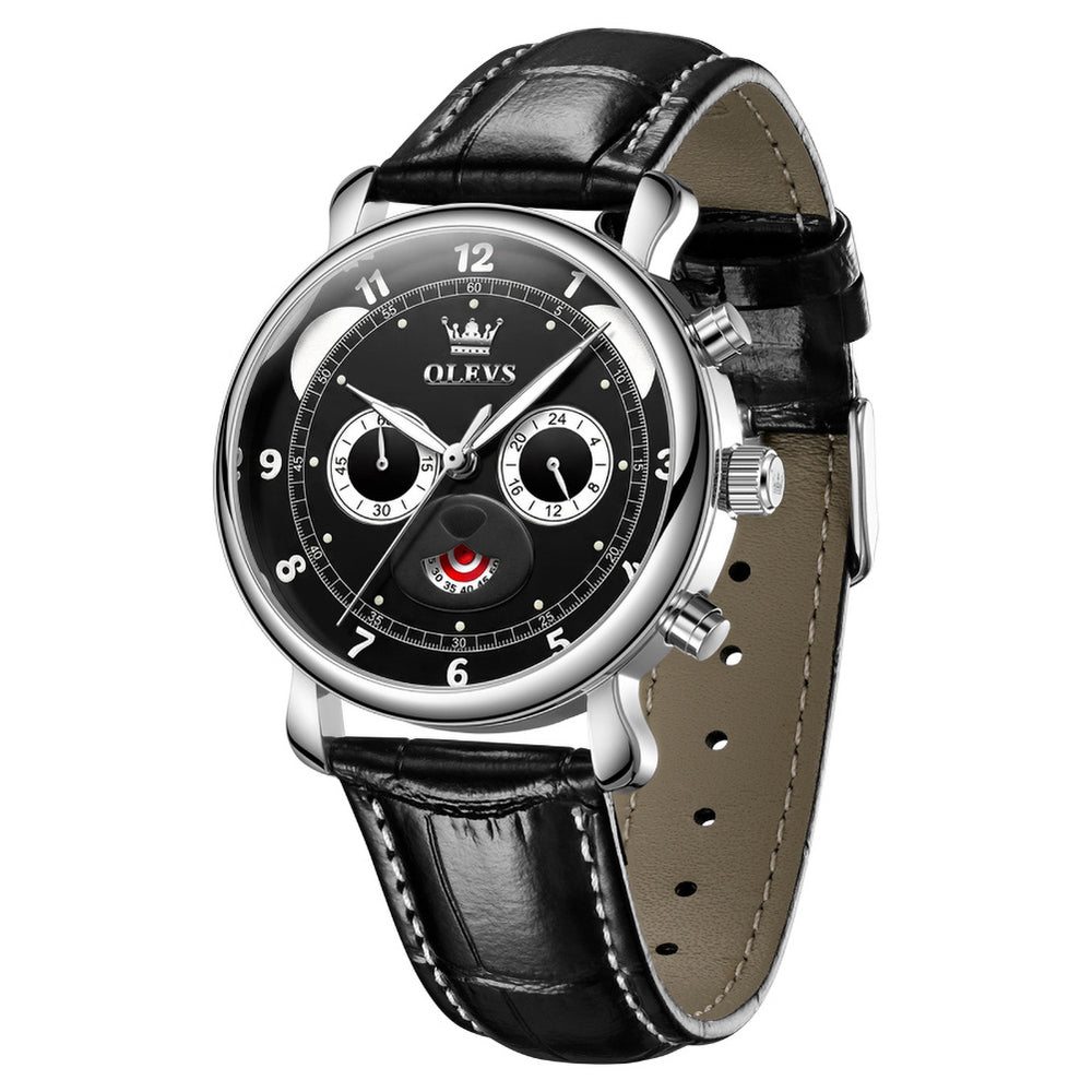 OLEVS 3753 black panda dial chronograph watch front view