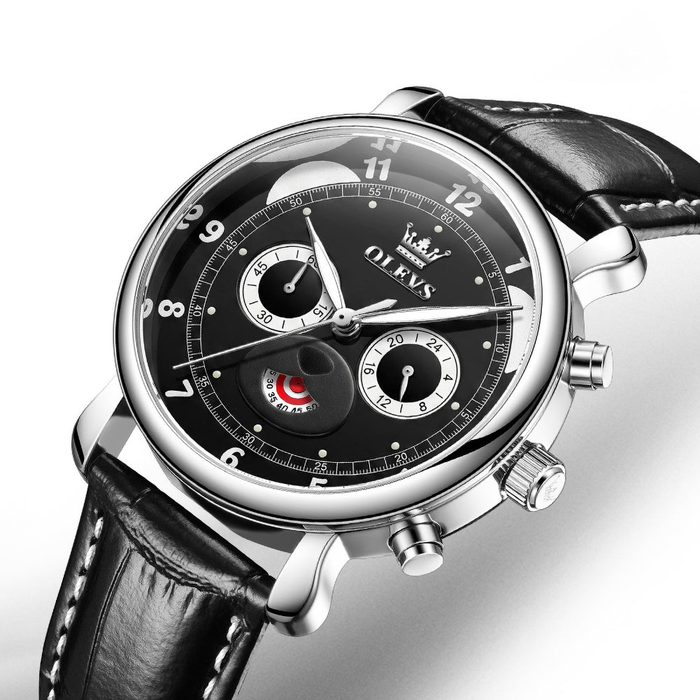 OLEVS 3753 black dial multifunction quartz watch closeup
