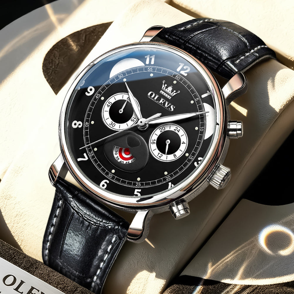 OLEVS 3753 black dial chronograph watch lifestyle closeup