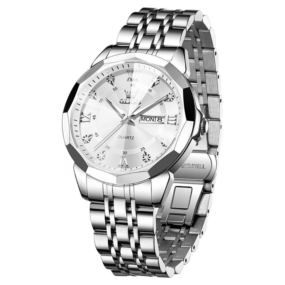 OLEVS 3759 Silver White faceted glass day date quartz watch