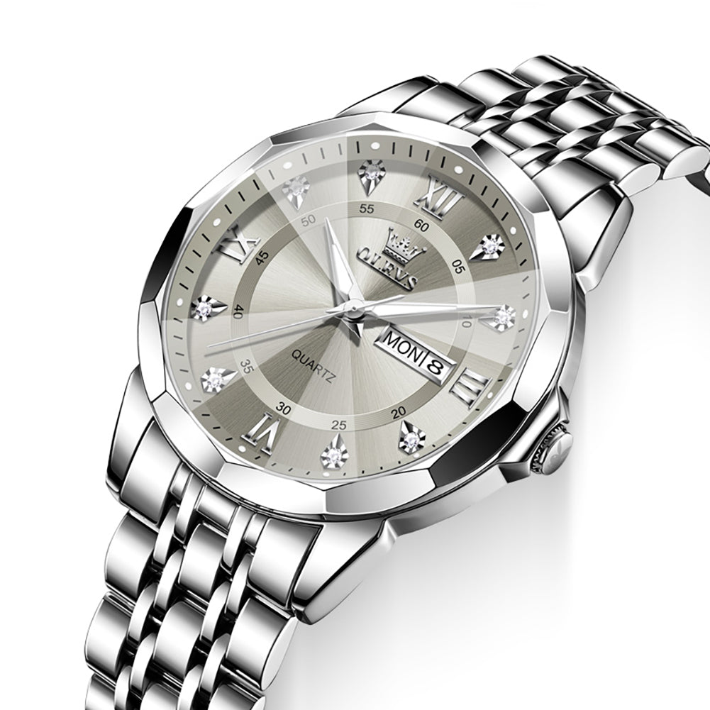 OLEVS 3759 Silver Gray faceted glass day date quartz watch dial close up