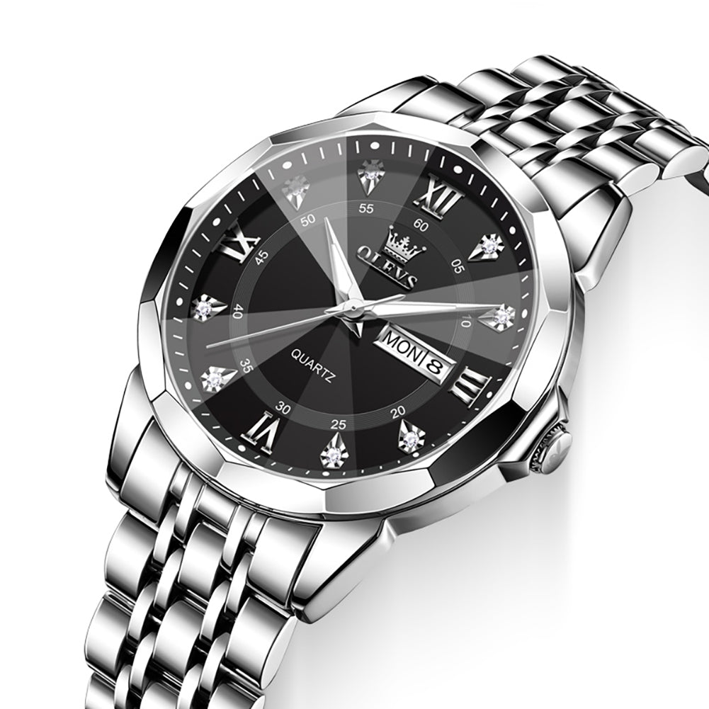 OLEVS 3759 Silver Black faceted glass day date quartz watch dial close up