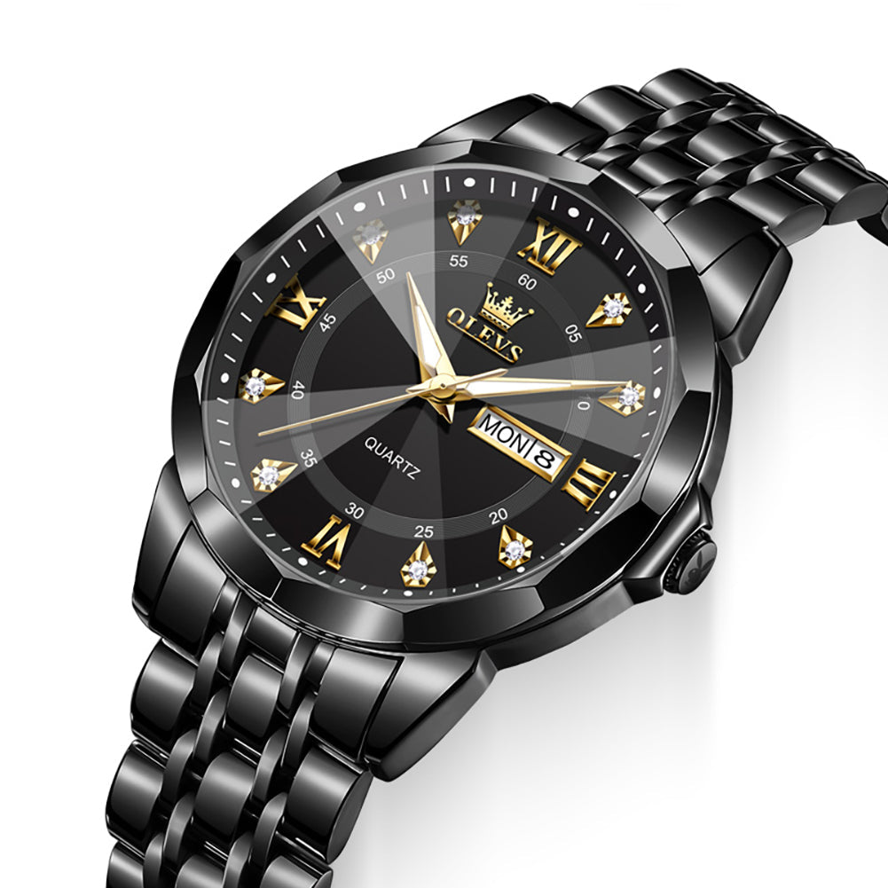 OLEVS 3759 All Black faceted glass day date quartz watch dial close up