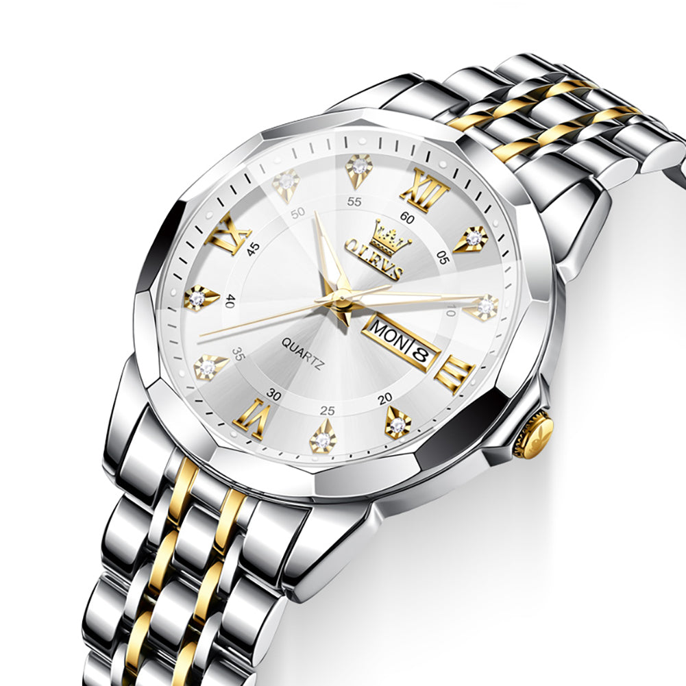 OLEVS 3759 Gold White faceted glass day date quartz watch dial close up