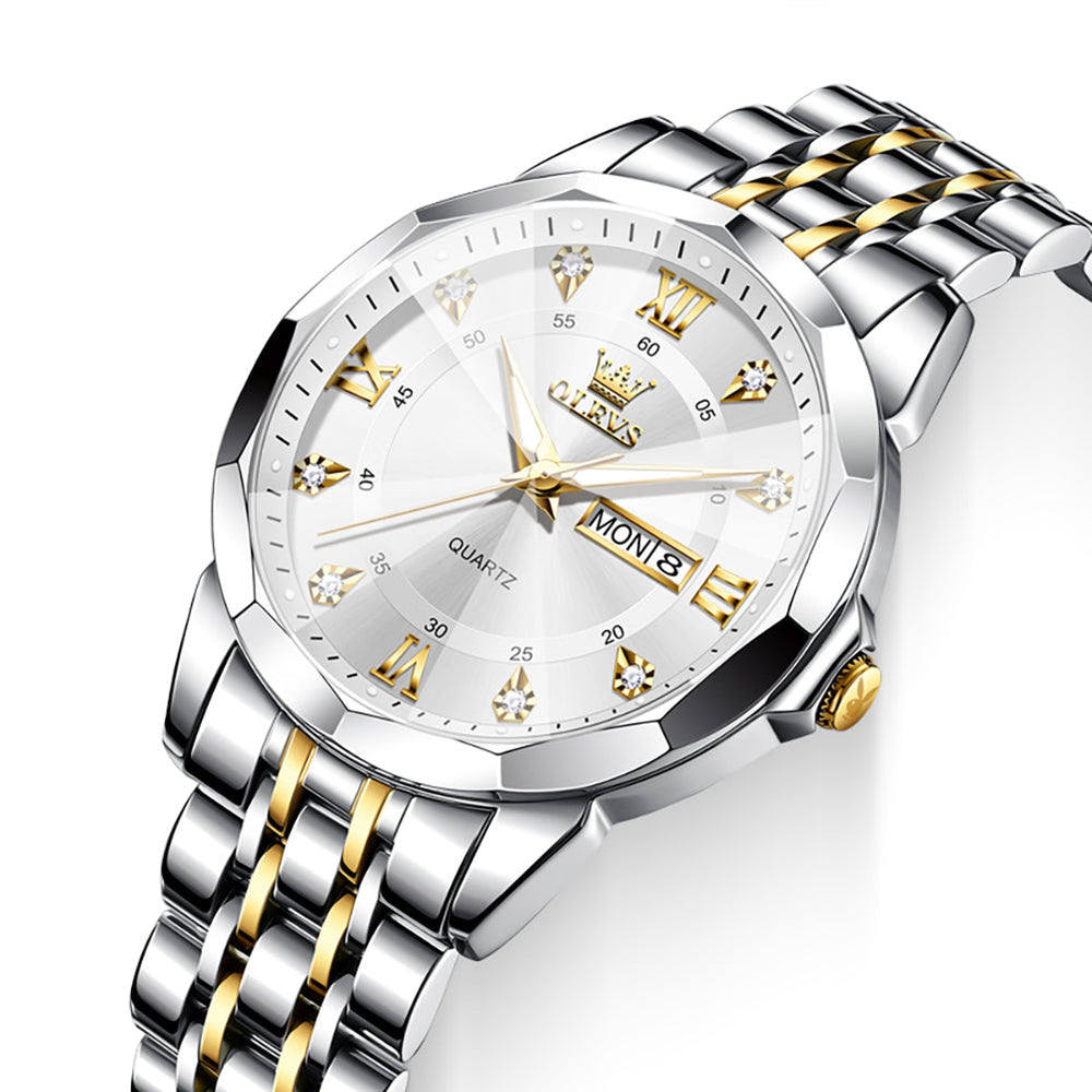OLEVS 3759 Gold White faceted glass day date quartz watch dial close up