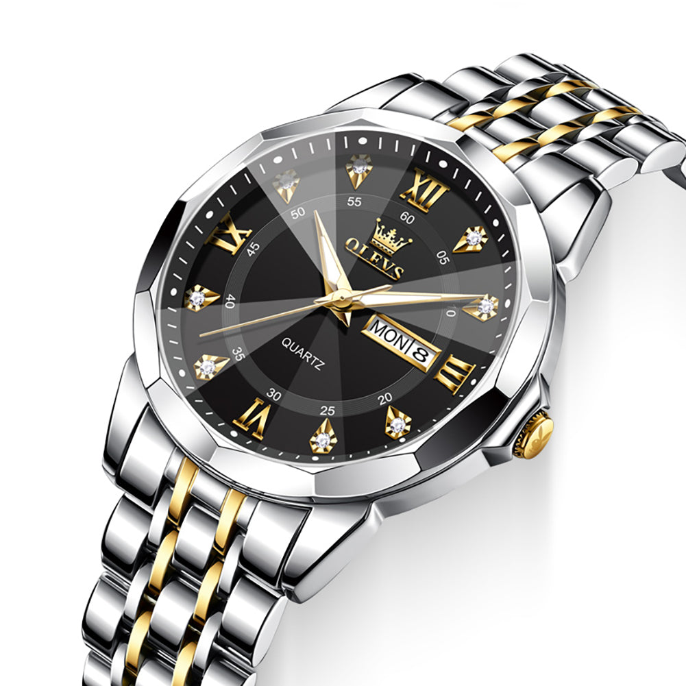 OLEVS 3759 Gold Black faceted glass day date quartz watch dial close up