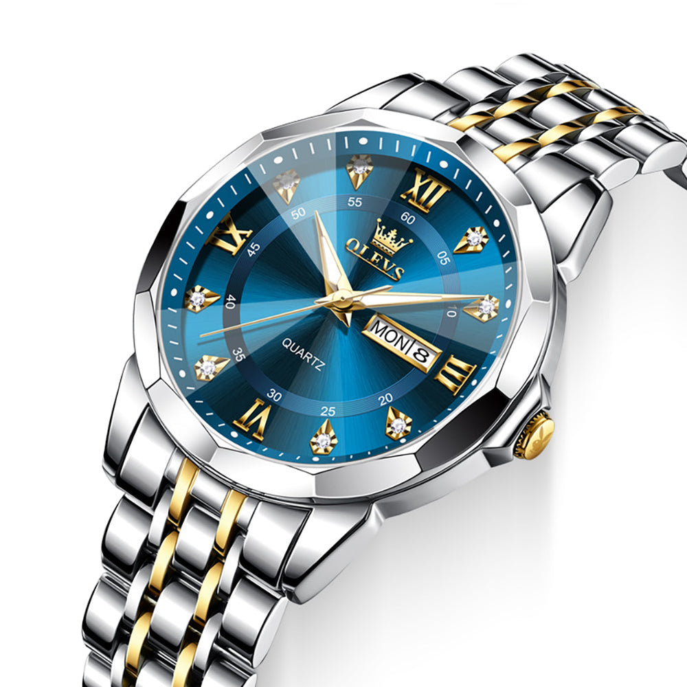 OLEVS 3759 Gold Blue faceted glass day date quartz watch dial close up