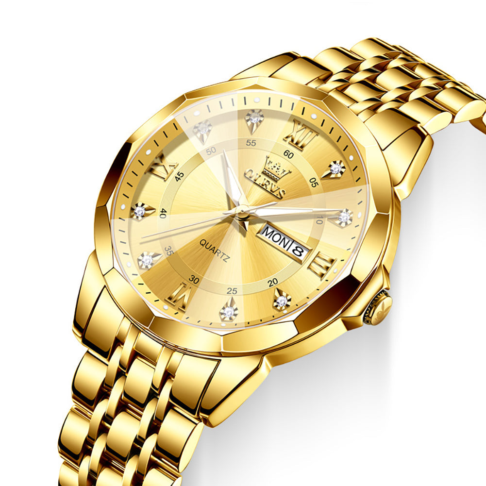 OLEVS 3759 All Gold faceted glass day date quartz watch dial close up