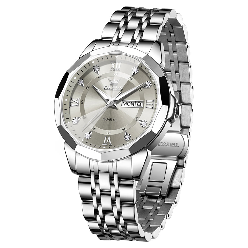 OLEVS 3759 Silver Gray faceted glass day date quartz watch