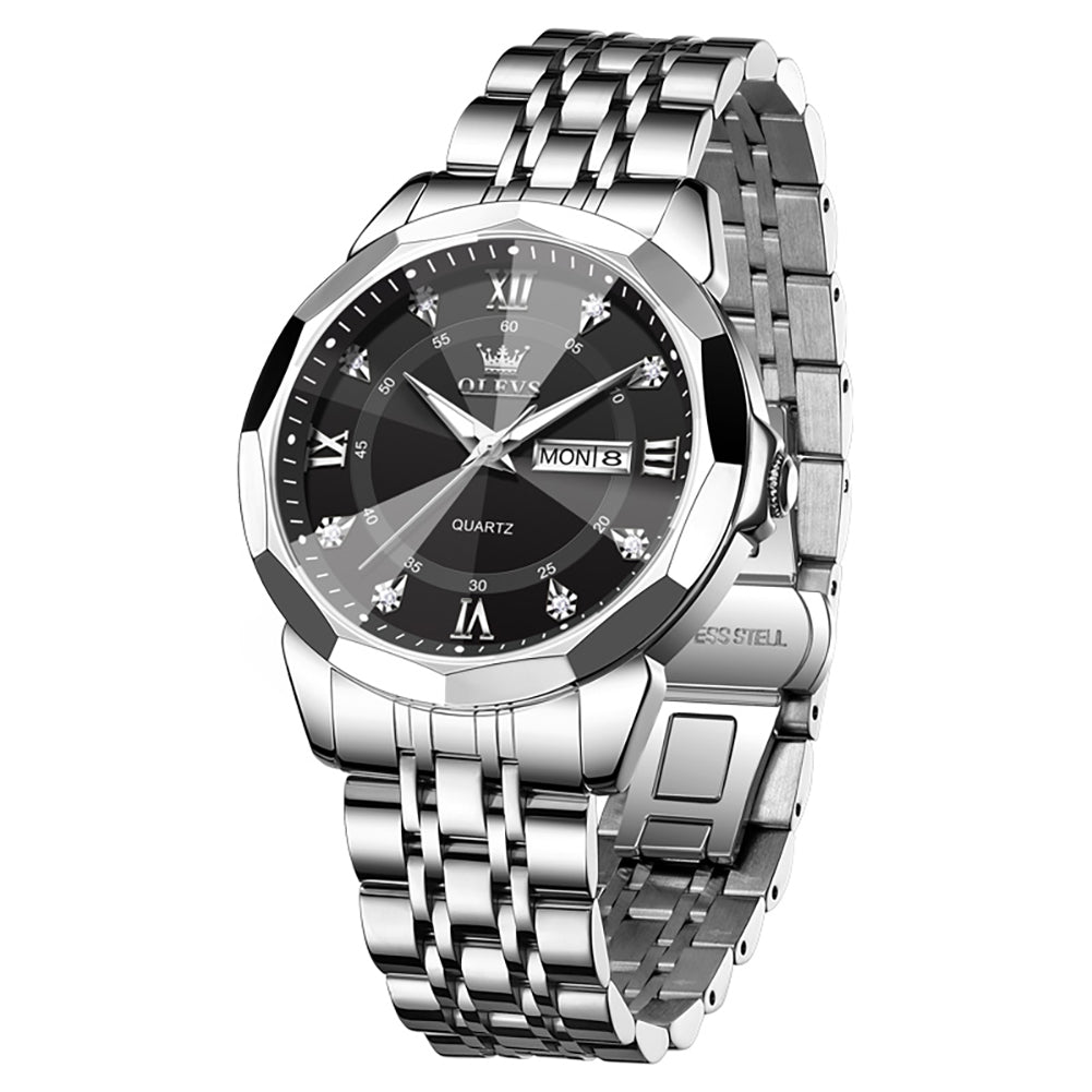 OLEVS 3759 Silver Black faceted glass day date quartz watch