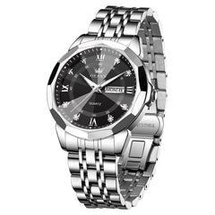 OLEVS 3759 Silver Black faceted glass day date quartz watch