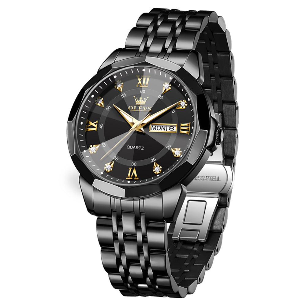 OLEVS 3759 All Black faceted glass day date quartz watch
