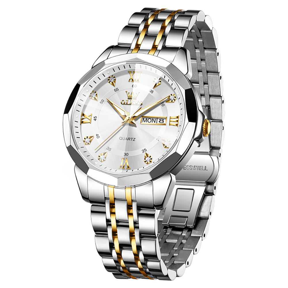 OLEVS 3759 Gold White faceted glass day date quartz watch
