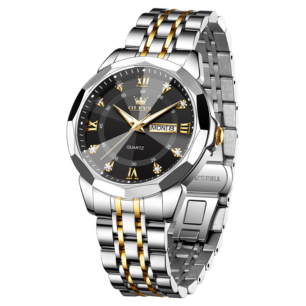 OLEVS 3759 Gold Black faceted glass day date quartz watch
