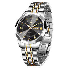 OLEVS 3759 Gold Black faceted glass day date quartz watch