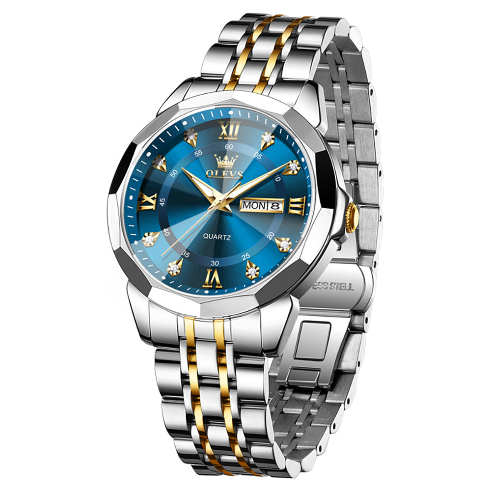 OLEVS 3759 Gold Blue faceted glass day date quartz watch