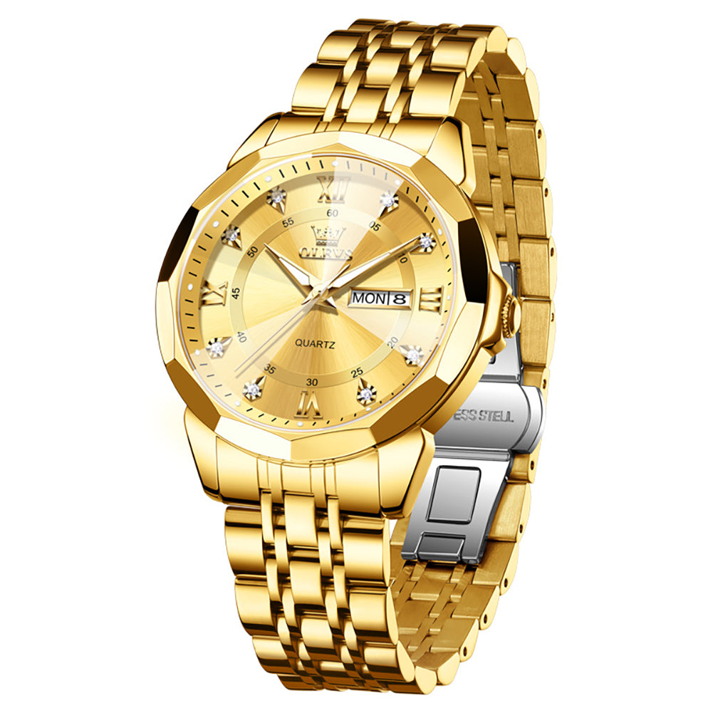 OLEVS 3759 All Gold faceted glass day date quartz watch