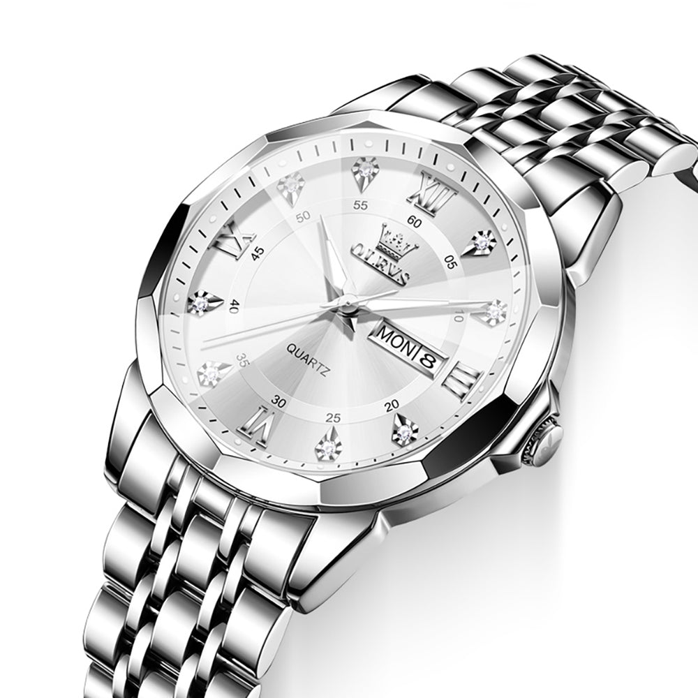 OLEVS 3759 Silver White faceted glass day date quartz watch dial close up