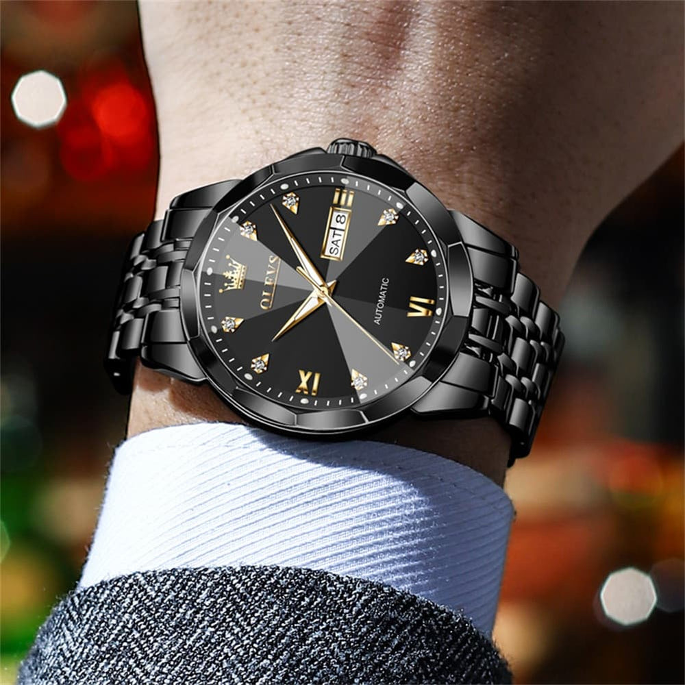 OLEVS 3D Diamond Cut Mirror Automatic Mechanical Watch 9982 Day Date for Men - All Gold Watch | Olevs Watch Store