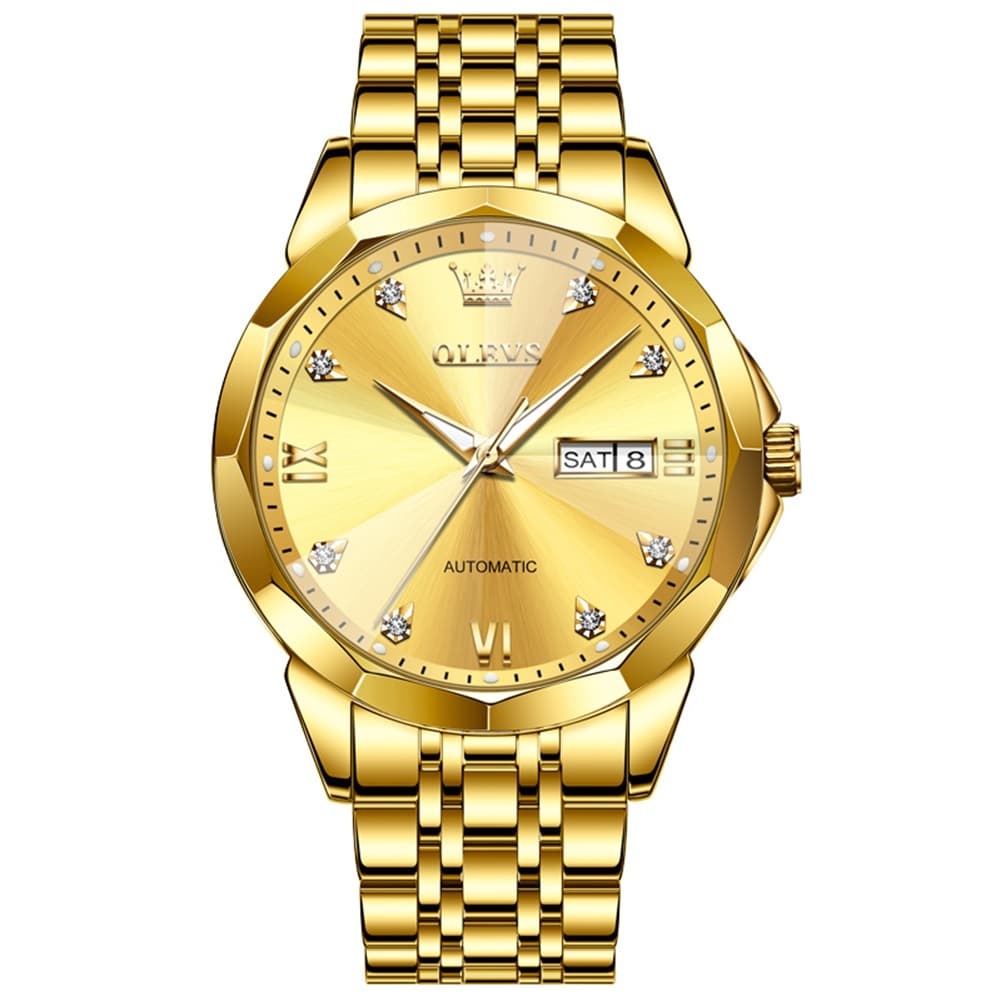 OLEVS 3D Diamond Cut Mirror Automatic Mechanical Watch 9982 Day Date for Men - All Gold Watch | Olevs Watch Store