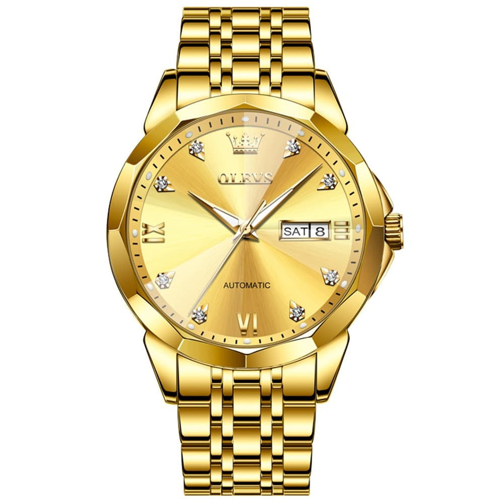OLEVS 3D Diamond Cut Mirror Automatic Mechanical Watch 9982 Day Date for Men - All Gold Watch | Olevs Watch Store