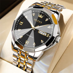 OLEVS 3D Diamond Cut Mirror Automatic Mechanical Watch 9982 Day Date for Men - Two Tone Black Watch | Olevs Watch Store