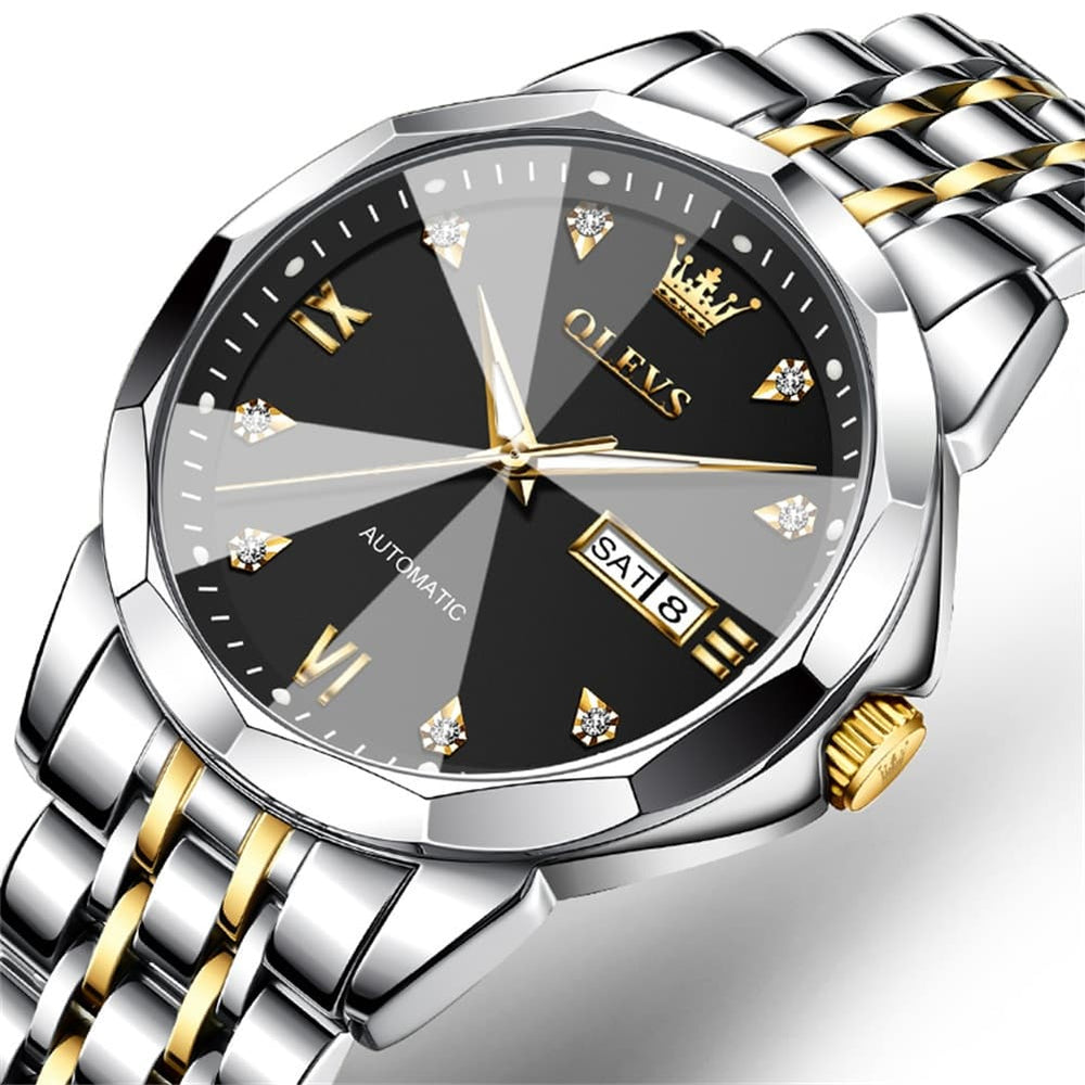 OLEVS 3D Diamond Cut Mirror Automatic Mechanical Watch 9982 Day Date for Men - All Gold Watch | Olevs Watch Store